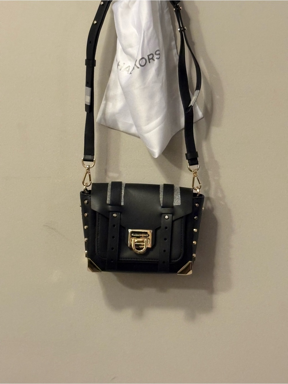 Michael Kors Black Leather Crossbody with Gold-Tone Hardware and Stud Details